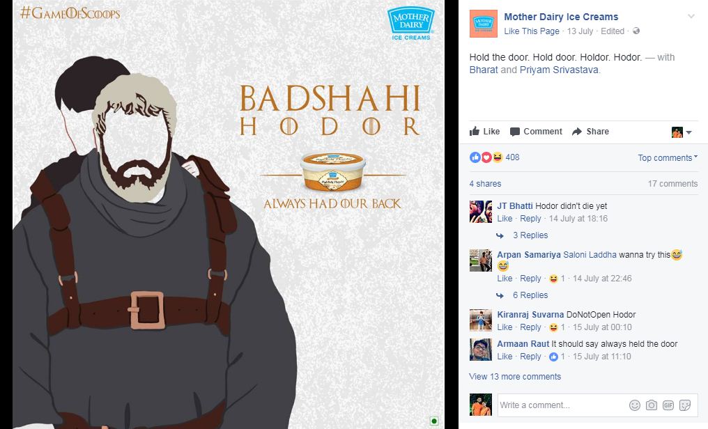 Mother Dairy created a series of posts connecting their products to the GOT characters