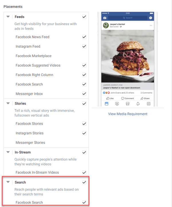 facebook search ads placement